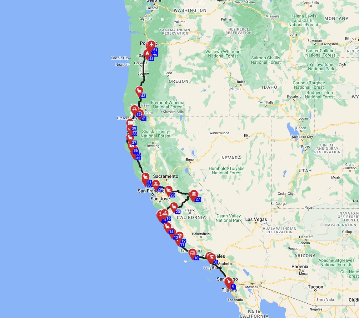 USA motorhome trip plan from San Diego to Portland RV trip route